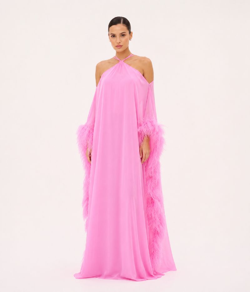 VESTIDO EM CREPE FLUIDO E CHIFFON COM PLUMAS - PRÉ VENDA