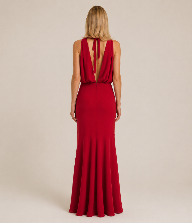 VESTIDO LONGO DE CREPE FLUIDO COM DECOTE HALTER E COSTAS ABERTAS