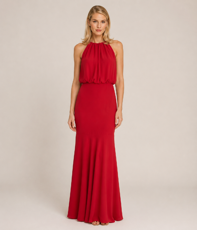 VESTIDO LONGO DE CREPE FLUIDO COM DECOTE HALTER E COSTAS ABERTAS