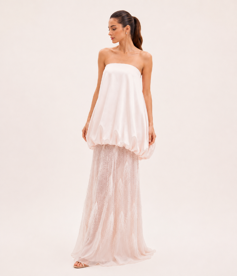 VESTIDO BALONÊ EM ZIBELINE COM SAIA FLUIDA E APLICAÇÕES - PRÉ VENDA