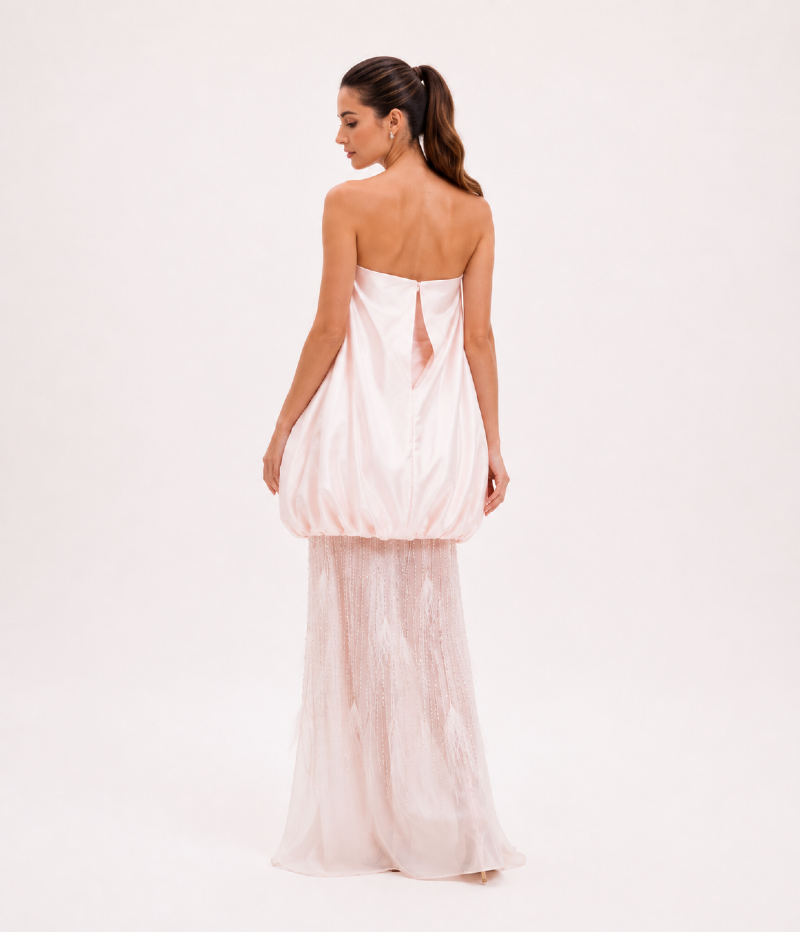 VESTIDO BALONÊ EM ZIBELINE COM SAIA FLUIDA E APLICAÇÕES - PRÉ VENDA