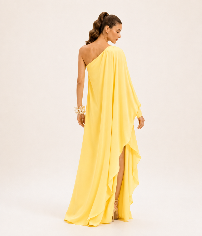 VESTIDO LONGO ASSIMÉTRICO EM CETIM COM MANGA AMPLA