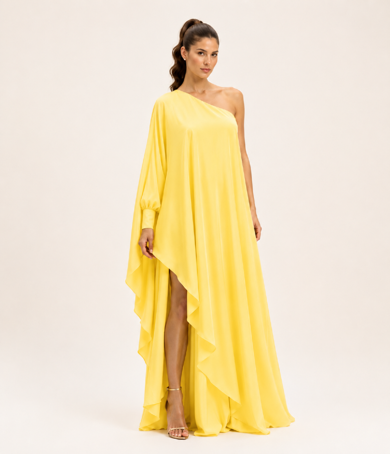 VESTIDO LONGO ASSIMÉTRICO EM CETIM COM MANGA AMPLA