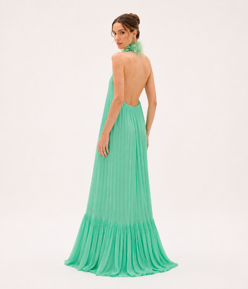 VESTIDO LONGO PLISSADO FRENTE ÚNICA COM GOLA BORDADA