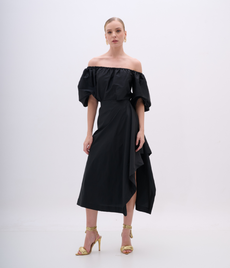 SAIA MIDI ASSIMÉTRICA EM TAFETÁ COM SHORT INTERNO