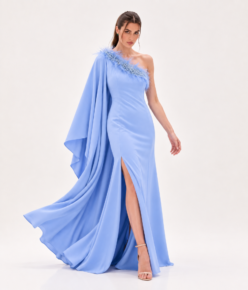 VESTIDO LONGO DE UM OMBRO SÓ COM PLUMAS E BORDADO