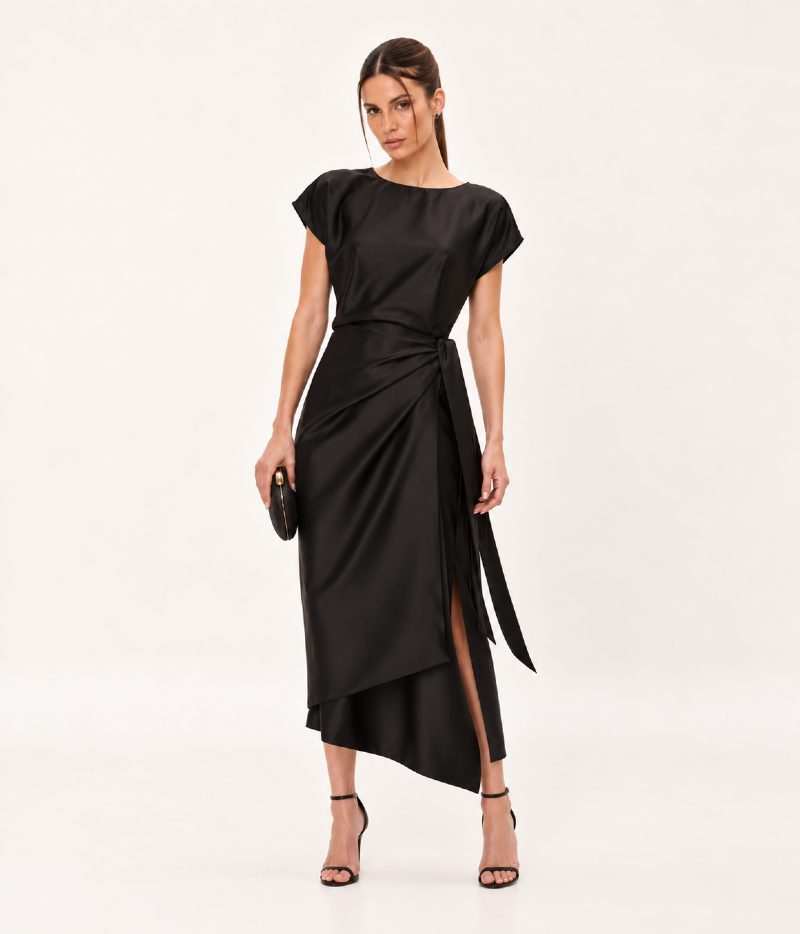 VESTIDO MIDI EM CETIM COM AMARRAÇÃO
