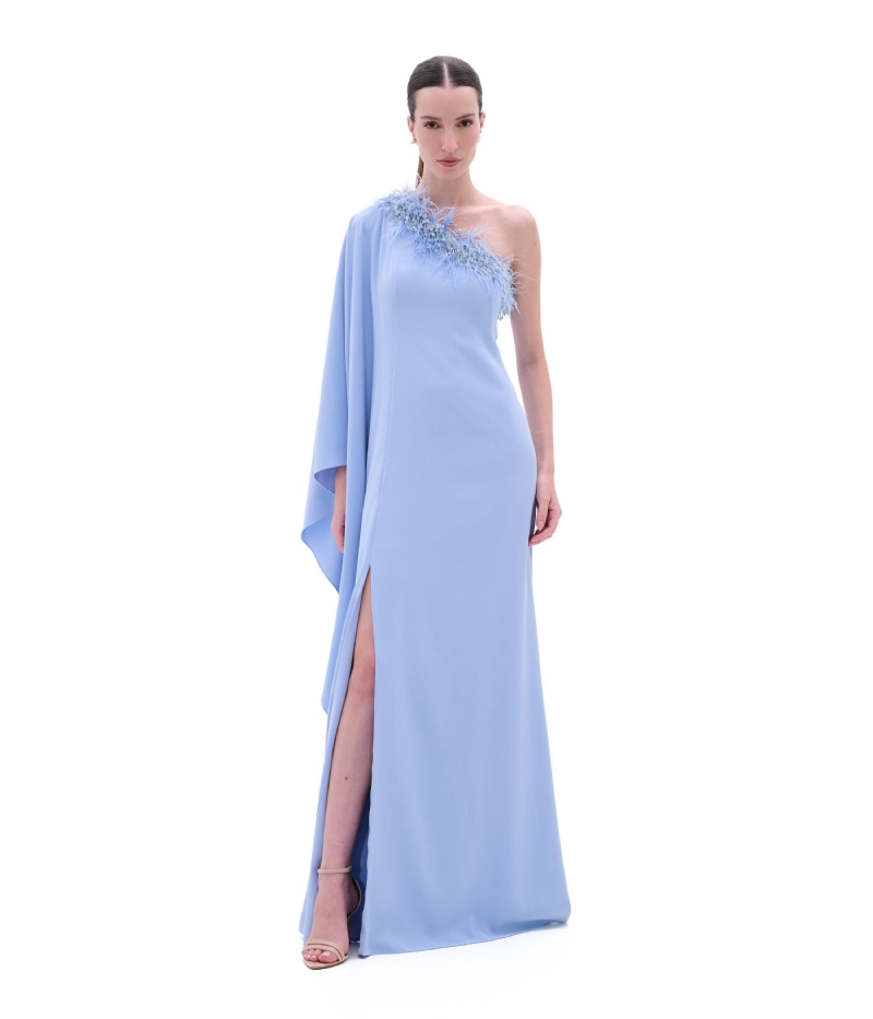 VESTIDO LONGO DE UM OMBRO SÓ COM PLUMAS E BORDADO