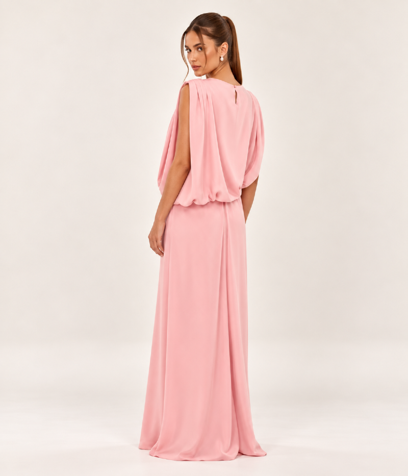 VESTIDO LONGO EM CETIM COM SOBREPOSIÇÃO DRAPEADA
