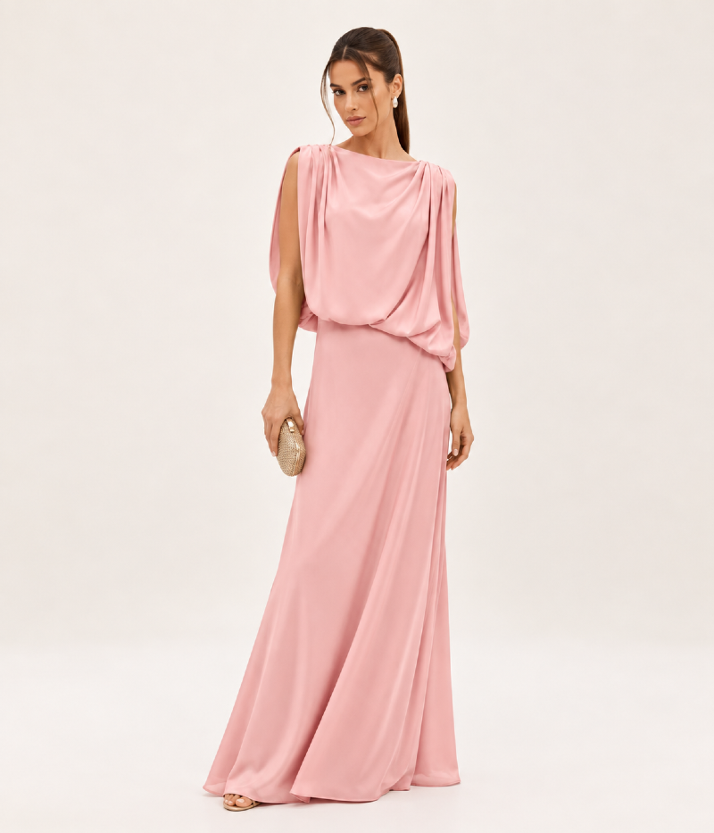 VESTIDO LONGO EM CETIM COM SOBREPOSIÇÃO DRAPEADA