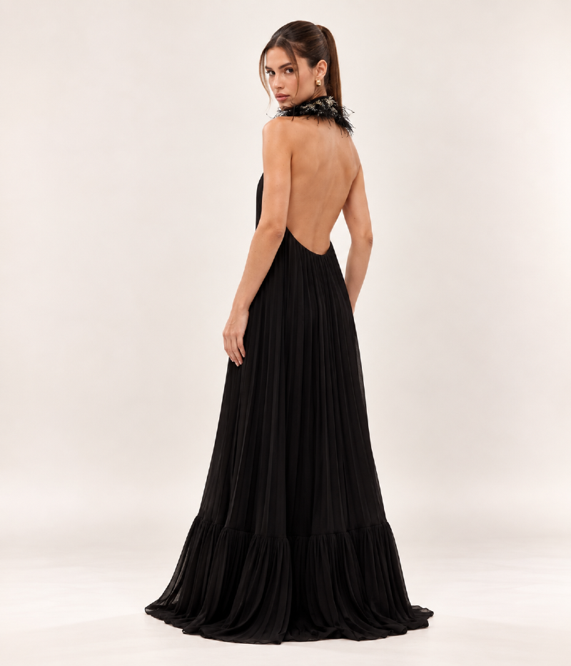 VESTIDO LONGO PLISSADO FRENTE ÚNICA COM GOLA BORDADA