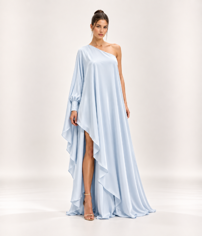 VESTIDO LONGO ASSIMÉTRICO EM CETIM COM MANGA AMPLA