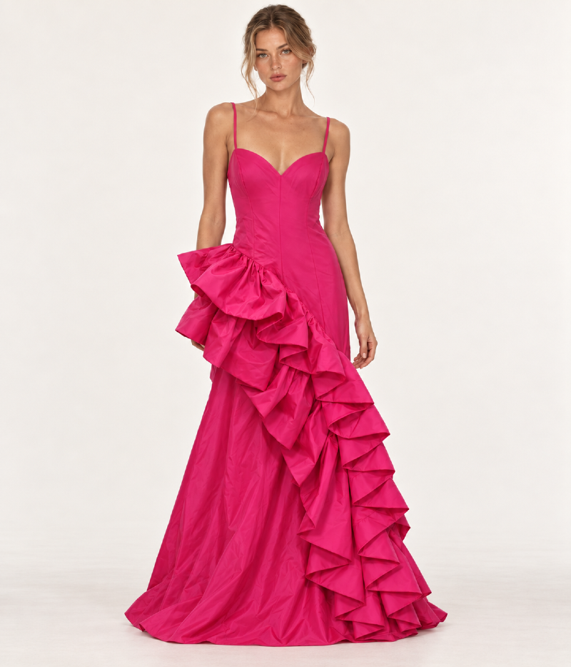 VESTIDO LONGO EM TAFETÁ COM DECOTE CORAÇÃO E BABADOS ESCULTURAIS
