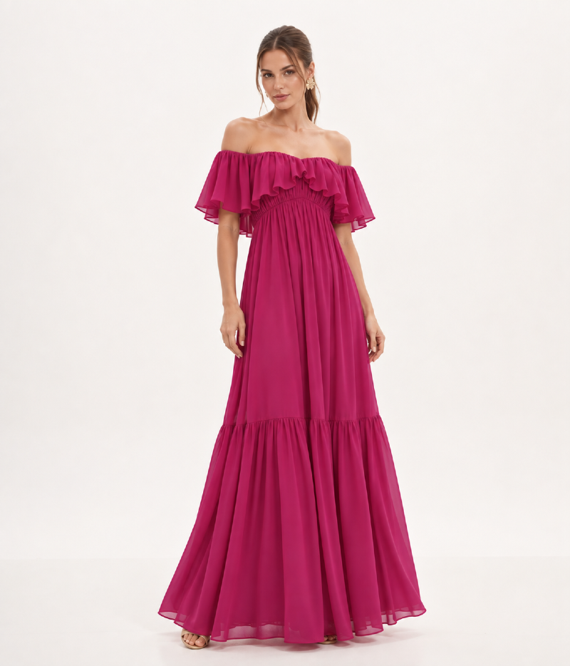 VESTIDO LONGO EM CREPE FLUIDO COM DECOTE OMBRO A OMBRO E BABADO