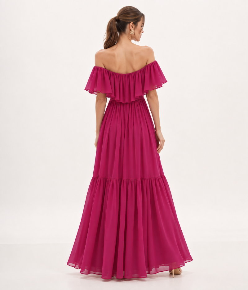 VESTIDO LONGO EM CREPE FLUIDO COM DECOTE OMBRO A OMBRO E BABADO