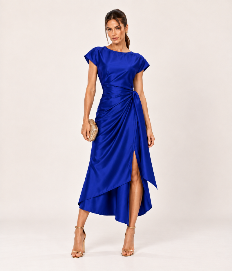 VESTIDO MIDI EM CETIM COM AMARRAÇÃO