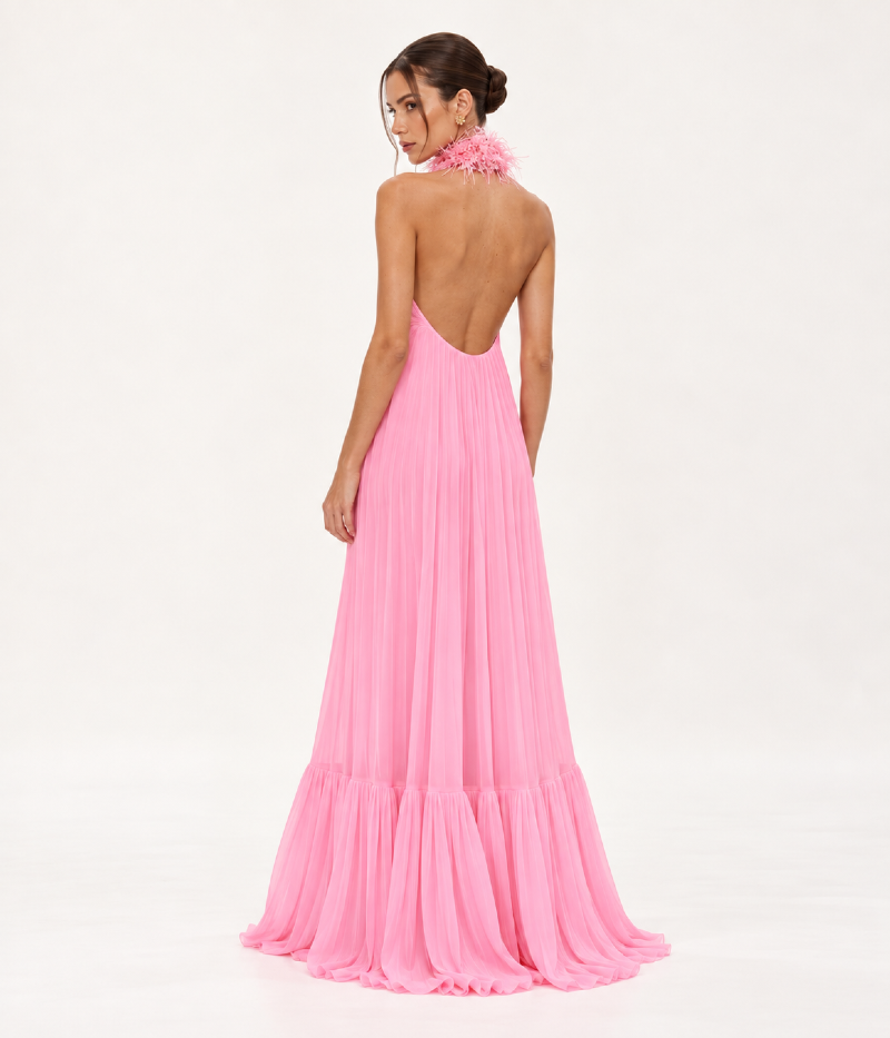 VESTIDO LONGO PLISSADO FRENTE ÚNICA COM GOLA BORDADA