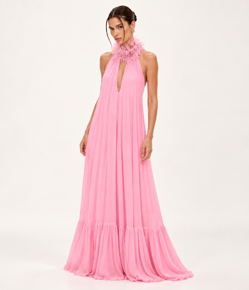 VESTIDO LONGO PLISSADO FRENTE ÚNICA COM GOLA BORDADA