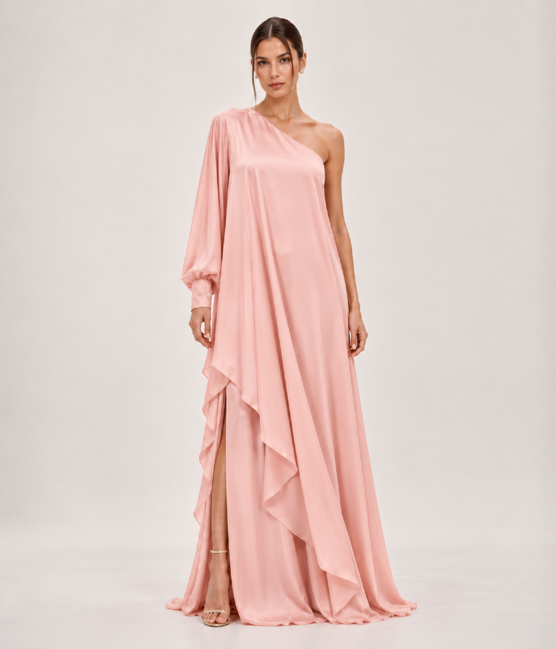 VESTIDO LONGO ASSIMÉTRICO EM CETIM COM MANGA AMPLA
