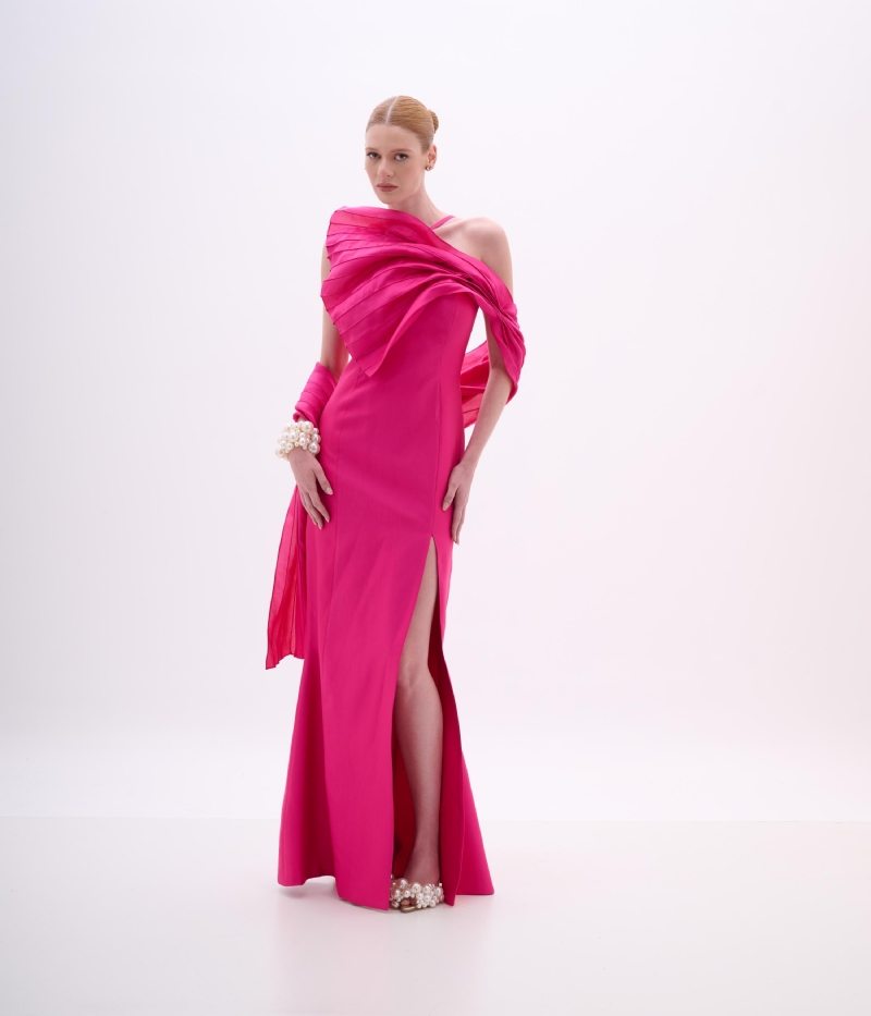 VESTIDO LONGO TAFETÁ COM DRAPEADO ESTRUTURADO