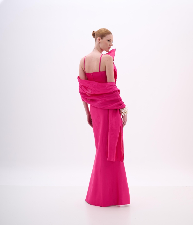 VESTIDO LONGO TAFETÁ COM DRAPEADO ESTRUTURADO