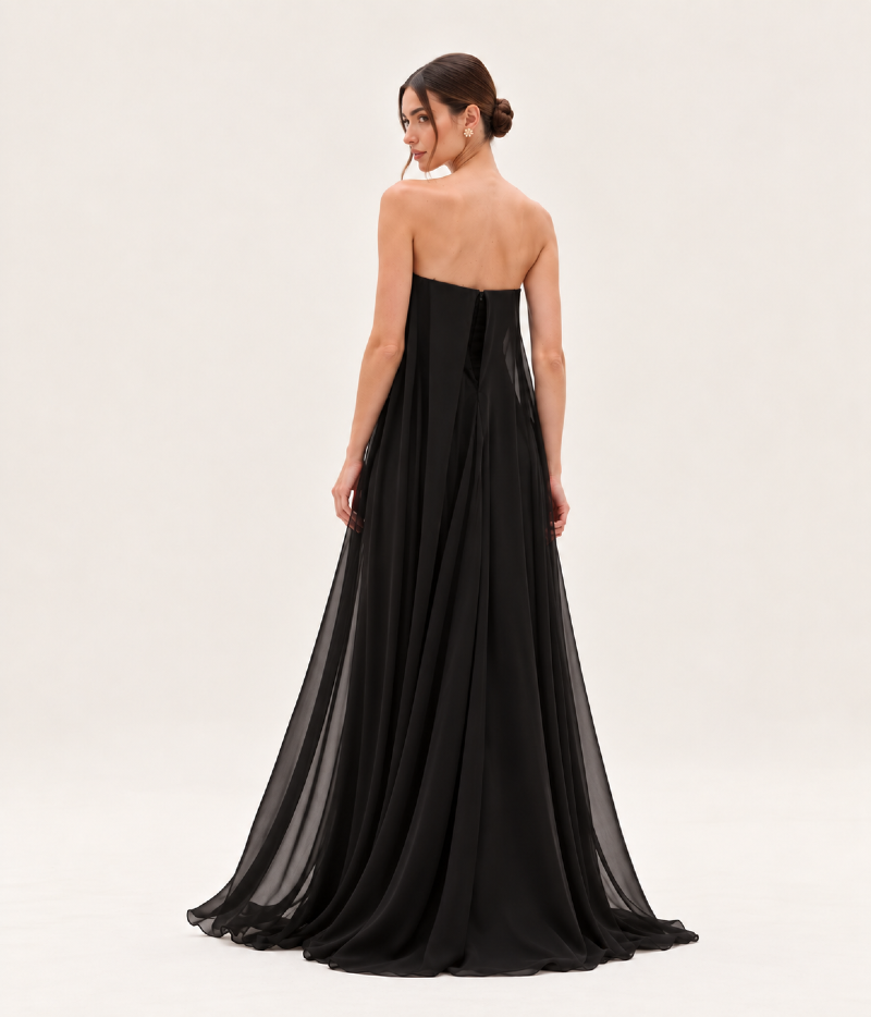 VESTIDO LONGO TOMARA QUE CAIA EM CREPE COM SOBREPOSIÇÃO FLUIDA DE CHIFFON
