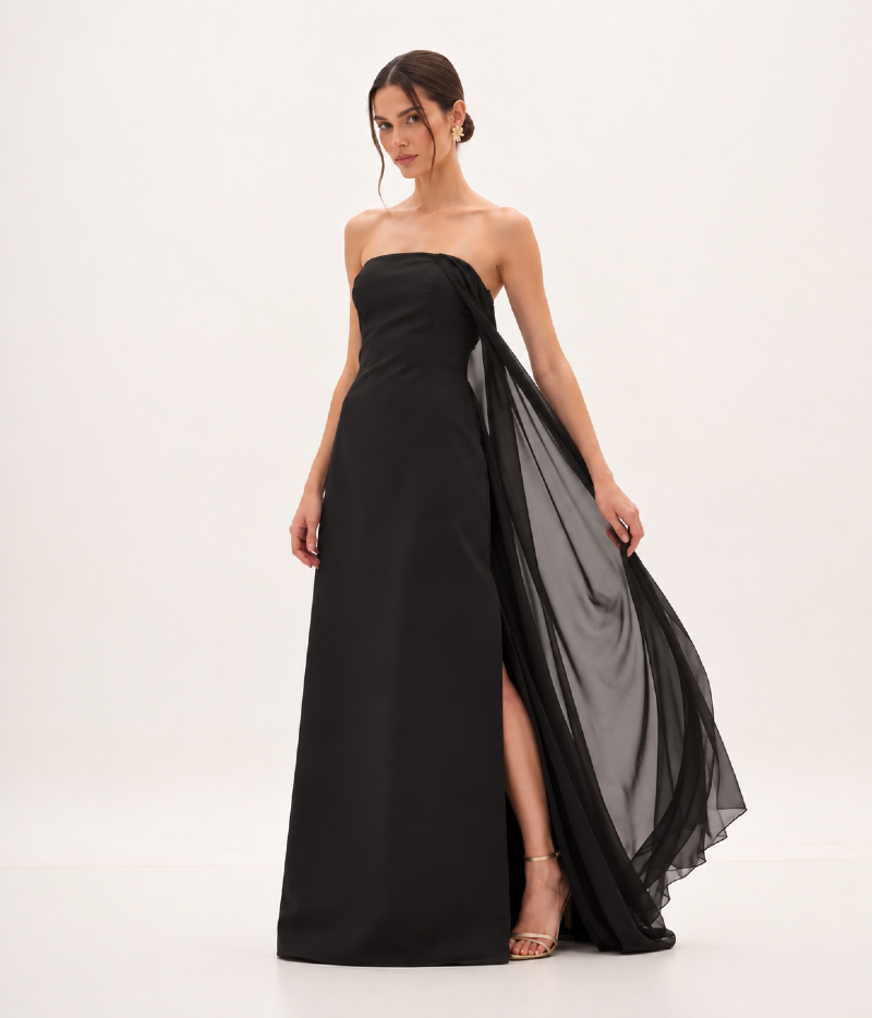 VESTIDO LONGO TOMARA QUE CAIA EM CREPE COM SOBREPOSIÇÃO FLUIDA DE CHIFFON