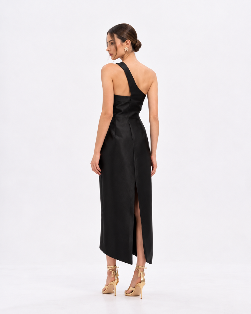 VESTIDO MIDI EM ZIBELINE DE UM OMBRO SÓ COM DRAPEADO ASSIMÉTRICO