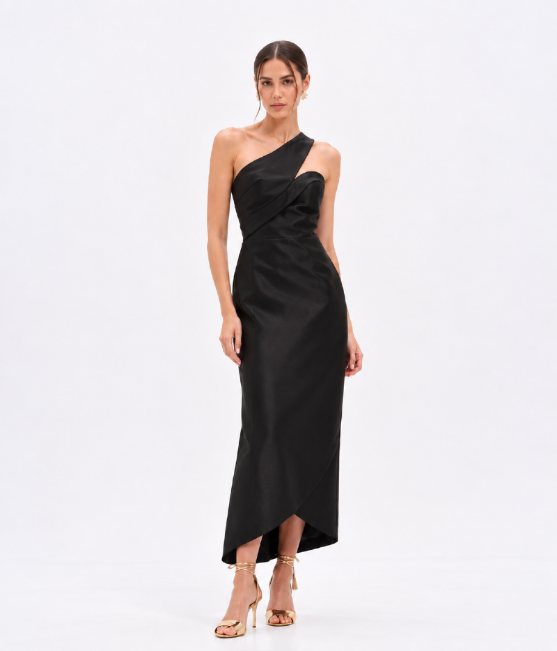 VESTIDO MIDI EM ZIBELINE DE UM OMBRO SÓ COM DRAPEADO ASSIMÉTRICO
