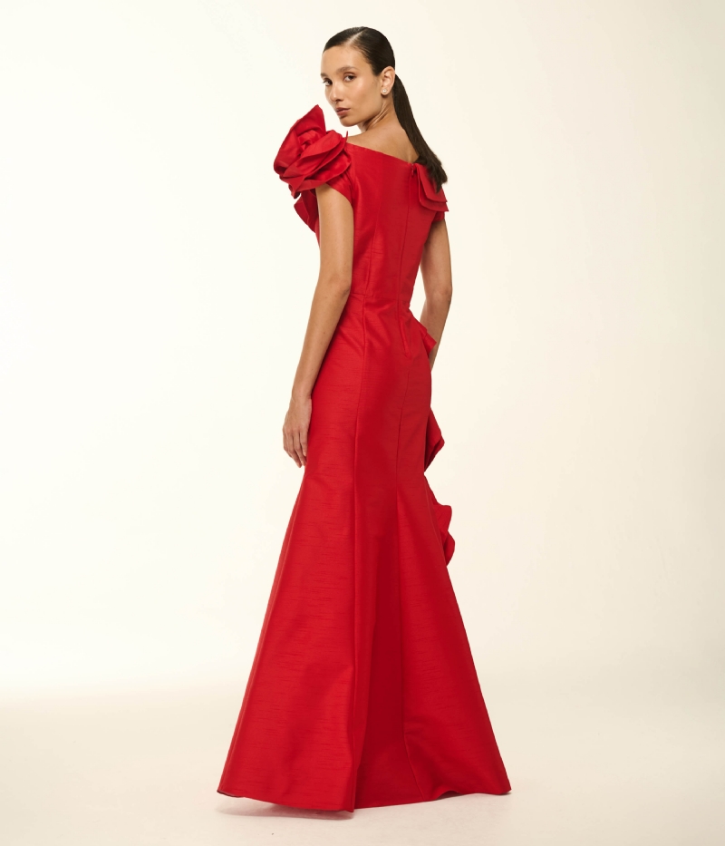 VESTIDO LONGO EM SHANTUNG COM DECOTE V E VOLUME ESCULTURAL