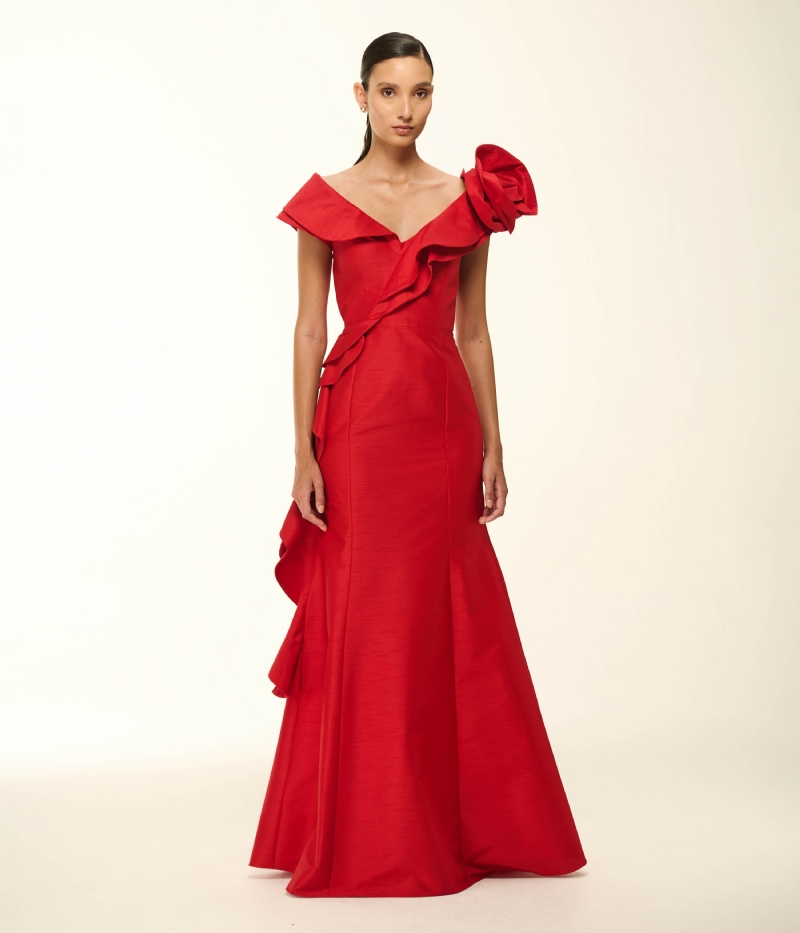 VESTIDO LONGO EM SHANTUNG COM DECOTE V E VOLUME ESCULTURAL
