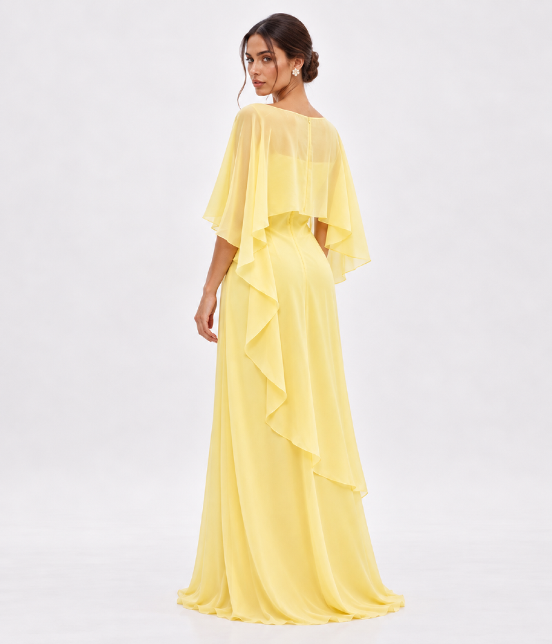 VESTIDO LONGO EM CHIFFON COM CAPA FLUIDA E BABADOS ASSIMÉTRICOS