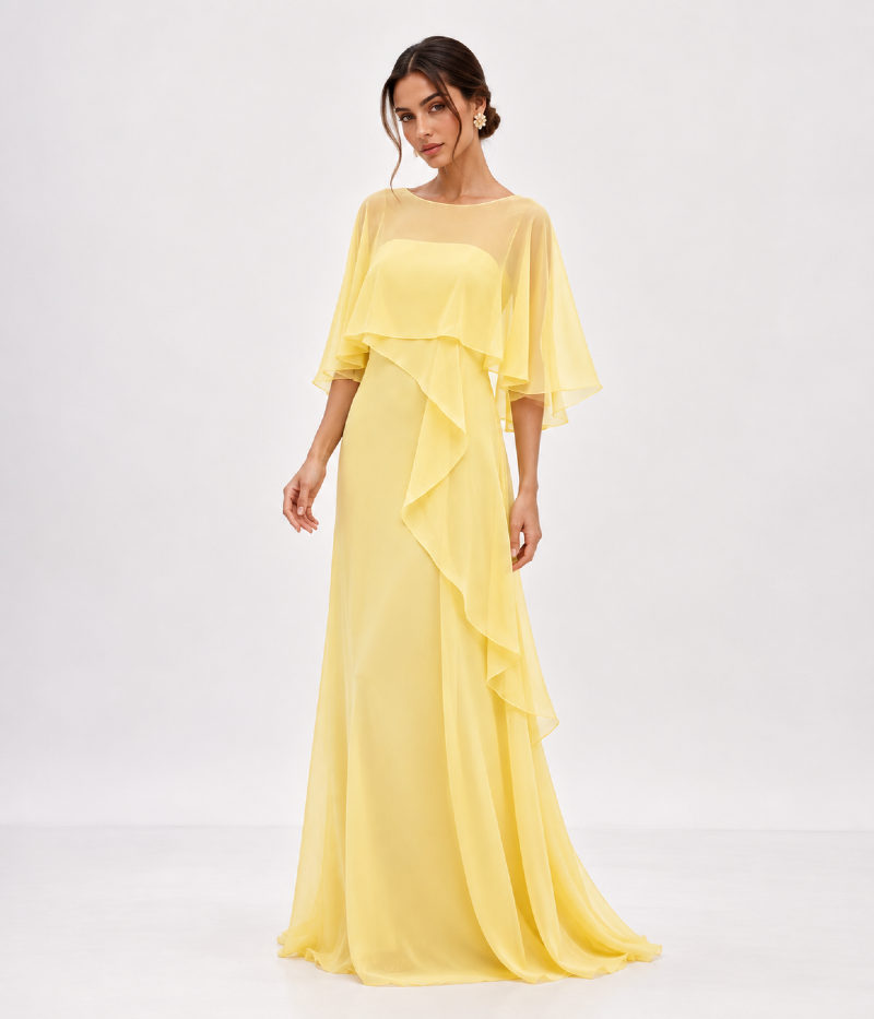 VESTIDO LONGO EM CHIFFON COM CAPA FLUIDA E BABADOS ASSIMÉTRICOS