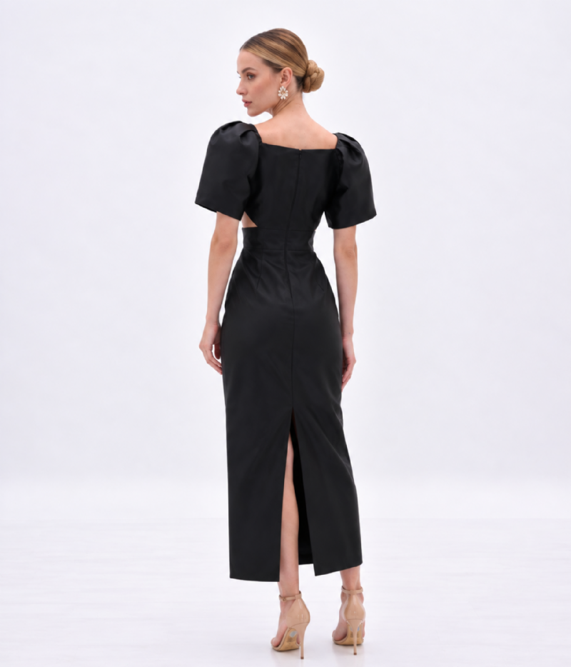 VESTIDO MIDI EM ZIBELINE COM DECOTE V TRANSASSADO E MANGAS BUFANTES