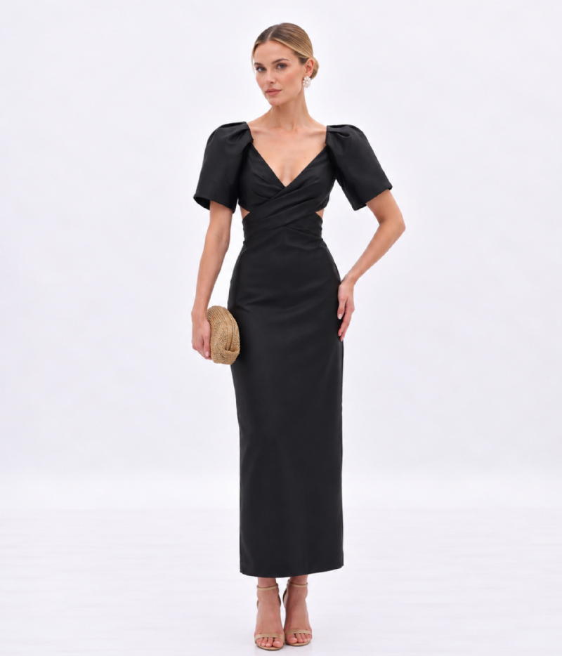 VESTIDO MIDI EM ZIBELINE COM DECOTE V TRANSASSADO E MANGAS BUFANTES