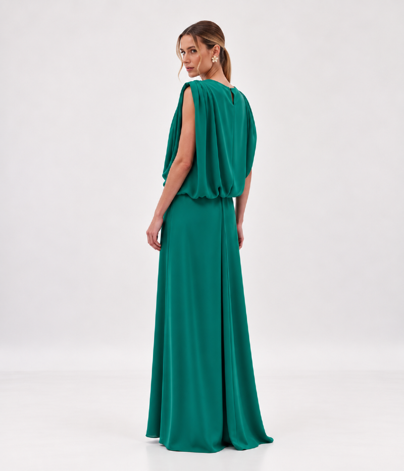 VESTIDO LONGO EM CETIM COM SOBREPOSIÇÃO DRAPEADA