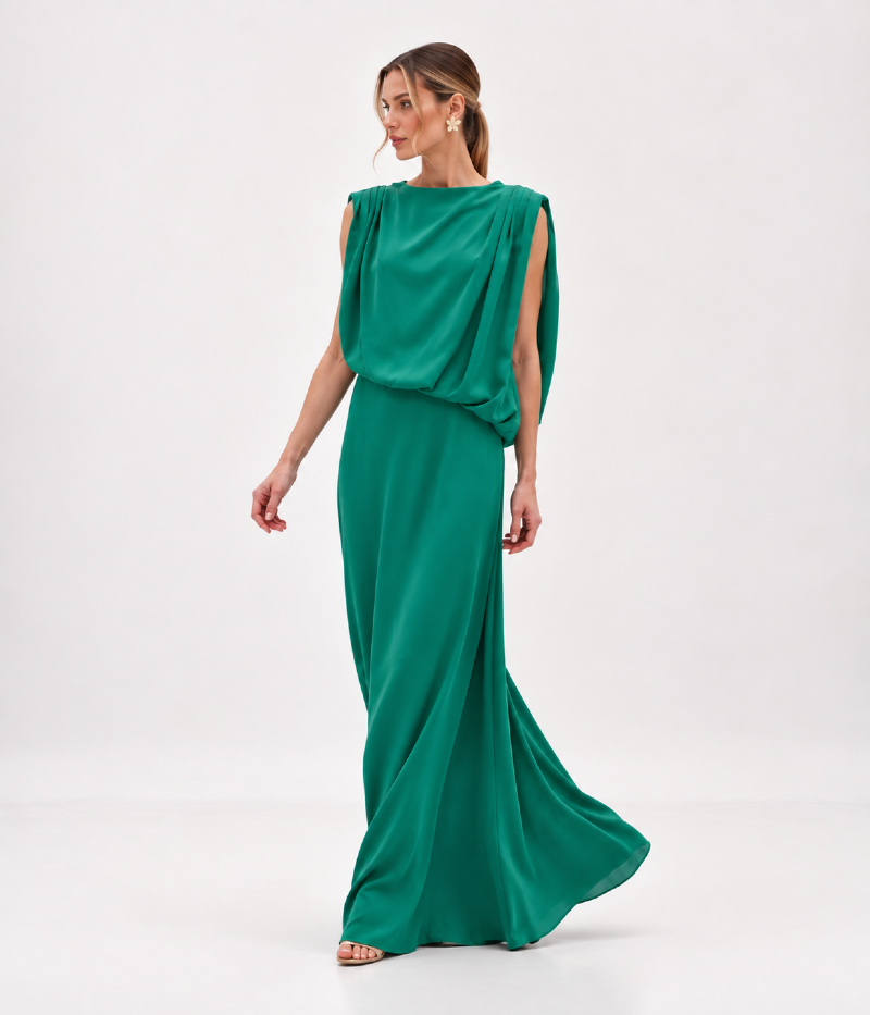 VESTIDO LONGO EM CETIM COM SOBREPOSIÇÃO DRAPEADA