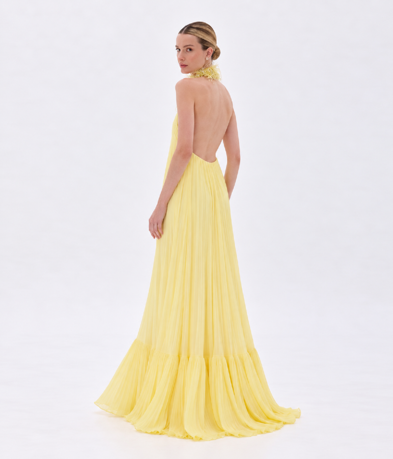 VESTIDO LONGO PLISSADO FRENTE ÚNICA COM GOLA BORDADA