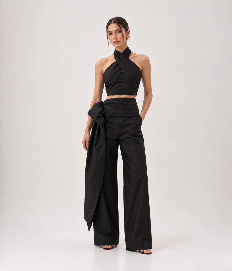 CALÇA PANTALONA EM TAFETÁ COM CINTURA DRAPEADA E FAIXA LATERAL