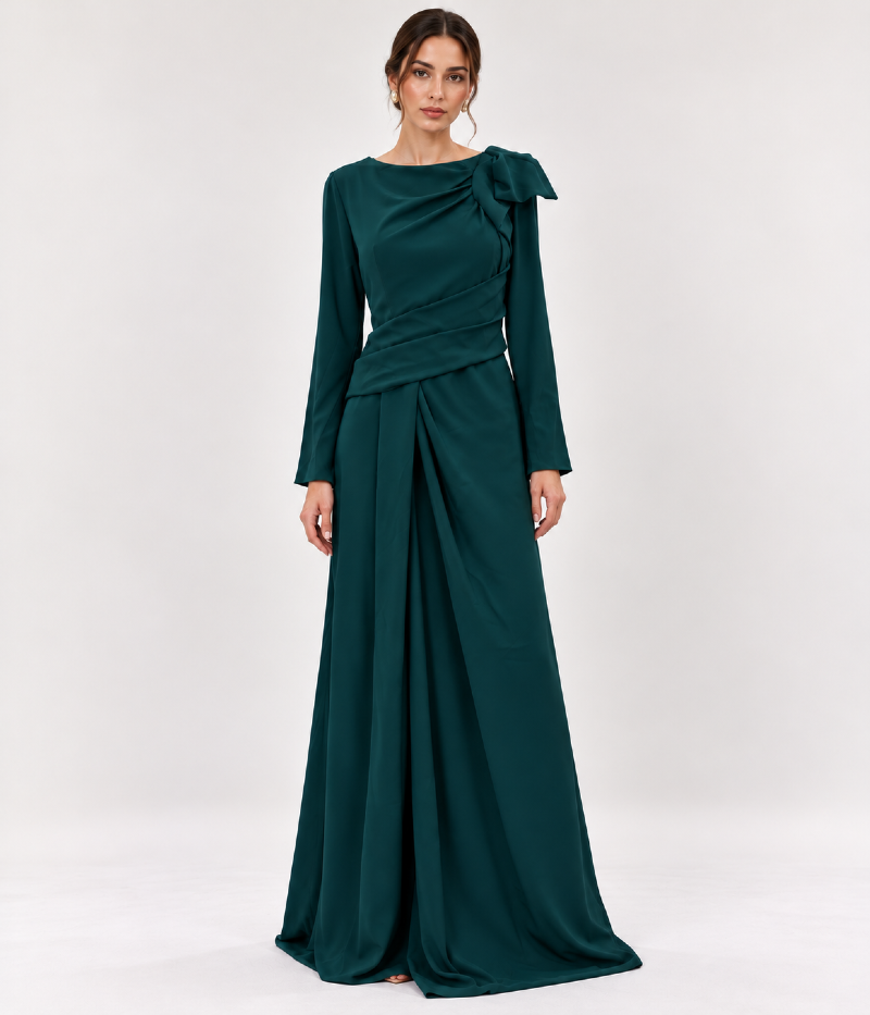 VESTIDO LONGO EM CREPE COM DRAPEADO ASSIMÉTRICO E LAÇO ESCULTURAL