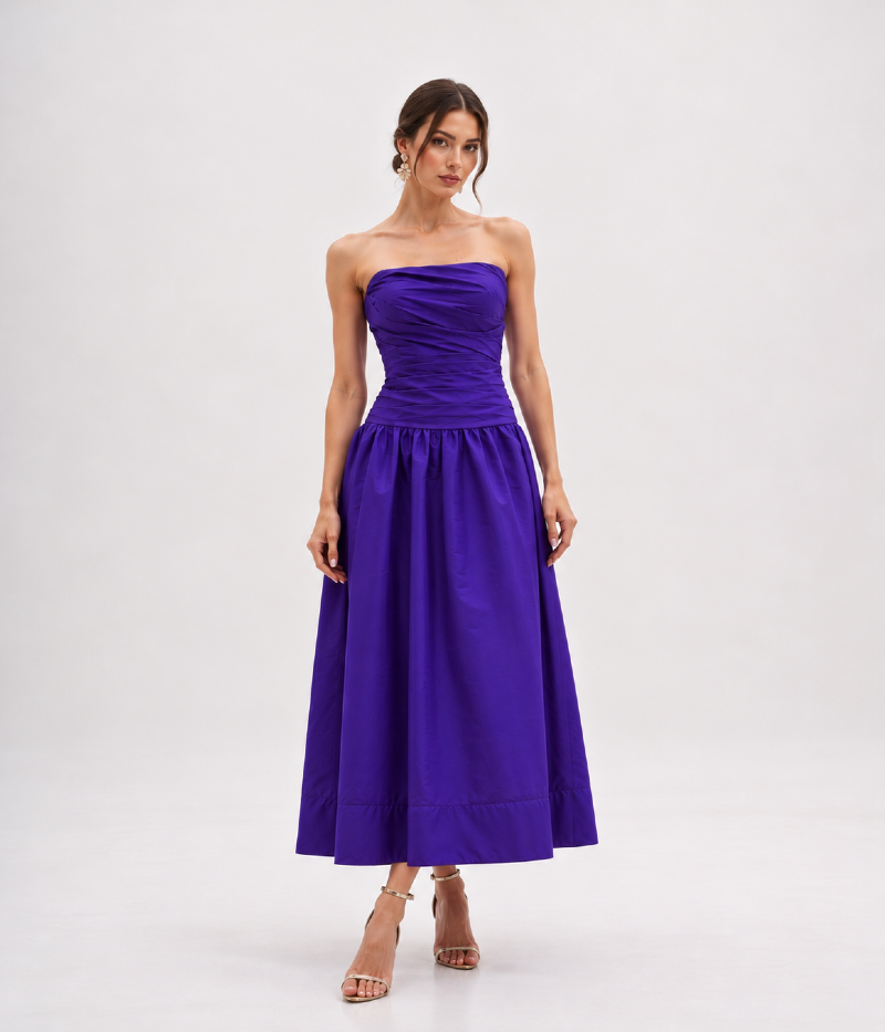 VESTIDO MIDI EM TAFETÁ COM BUSTO DRAPEADO E SAIA AMPLA