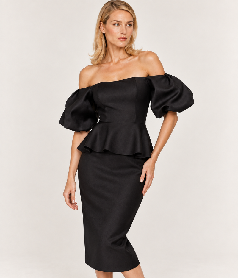 VESTIDO MIDI COM DECOTE OMBRO A OMBRO, MANGAS VOLUMOSAS E PEPLUM