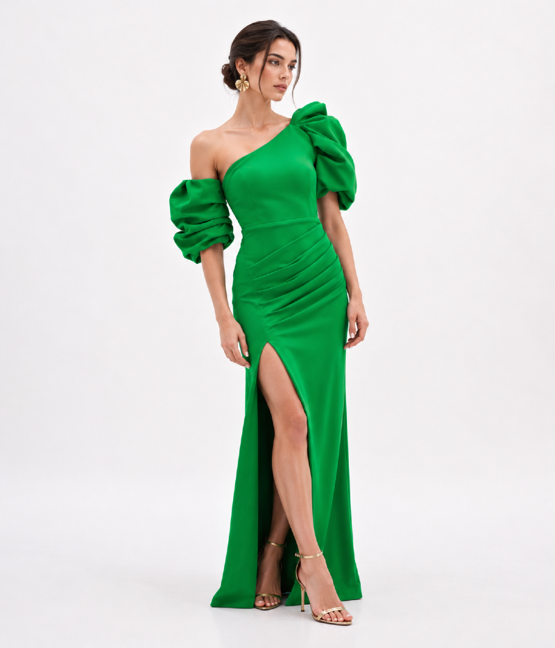 VESTIDO LONGO DE UM OMBRO SÓ COM MANGAS BUFANTES E DRAPEADO