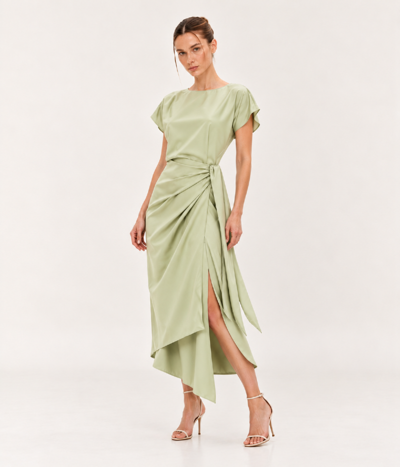 VESTIDO MIDI EM CETIM COM AMARRAÇÃO