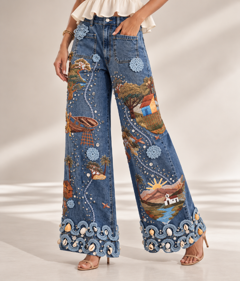 CALÇA JEANS AMPLA COM ESTAMPA RIBEIRINHA E APLICAÇÕES ARTESANAIS