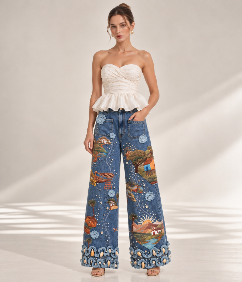 CALÇA JEANS AMPLA COM ESTAMPA RIBEIRINHA E APLICAÇÕES ARTESANAIS