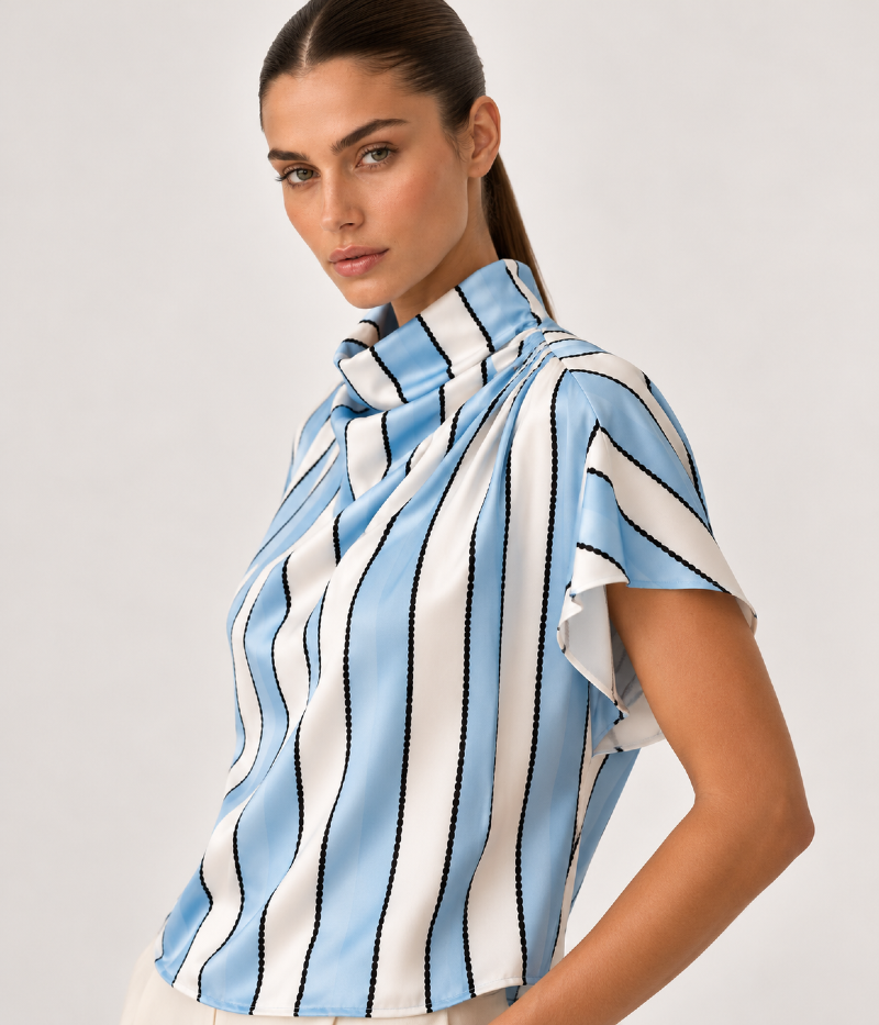 BLUSA EM CETIM ESTAMPADO COM GOLA DRAPEADA