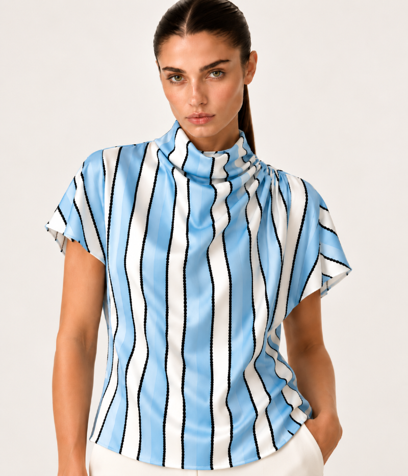 BLUSA EM CETIM ESTAMPADO COM GOLA DRAPEADA
