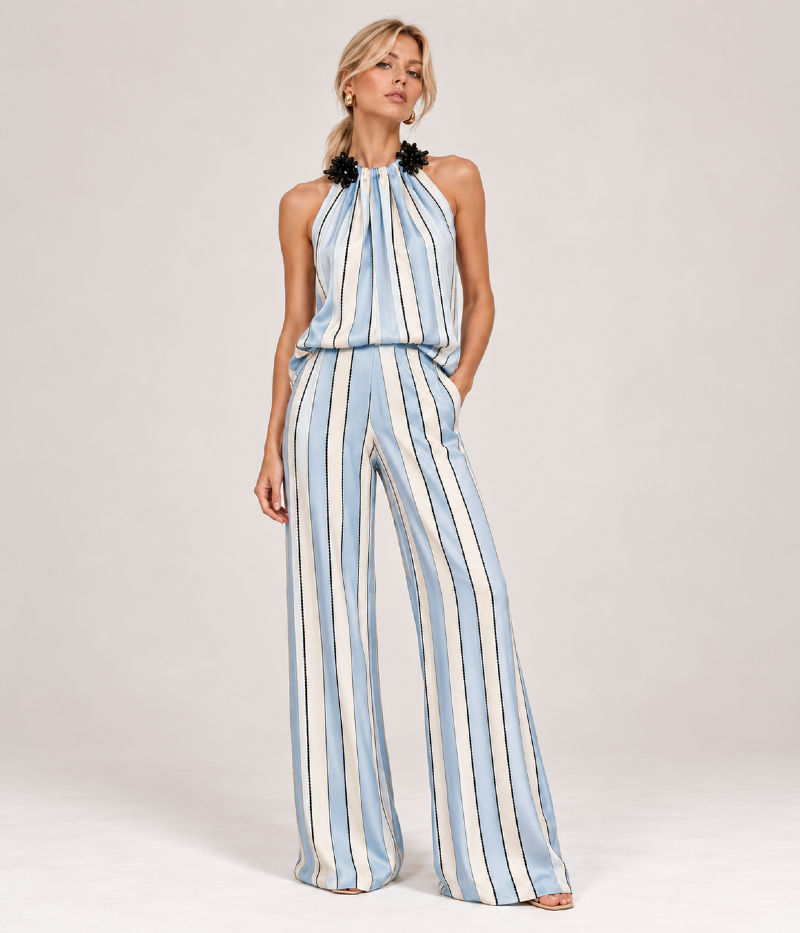 BLUSA HALTER EM CETIM COM ESTAMPA LISTRADA E BORDADOS