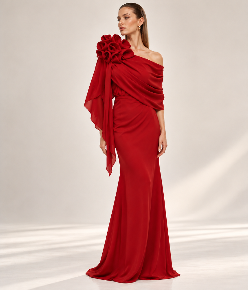 VESTIDO LONGO COM APLICAÇÃO DE TULIPAS